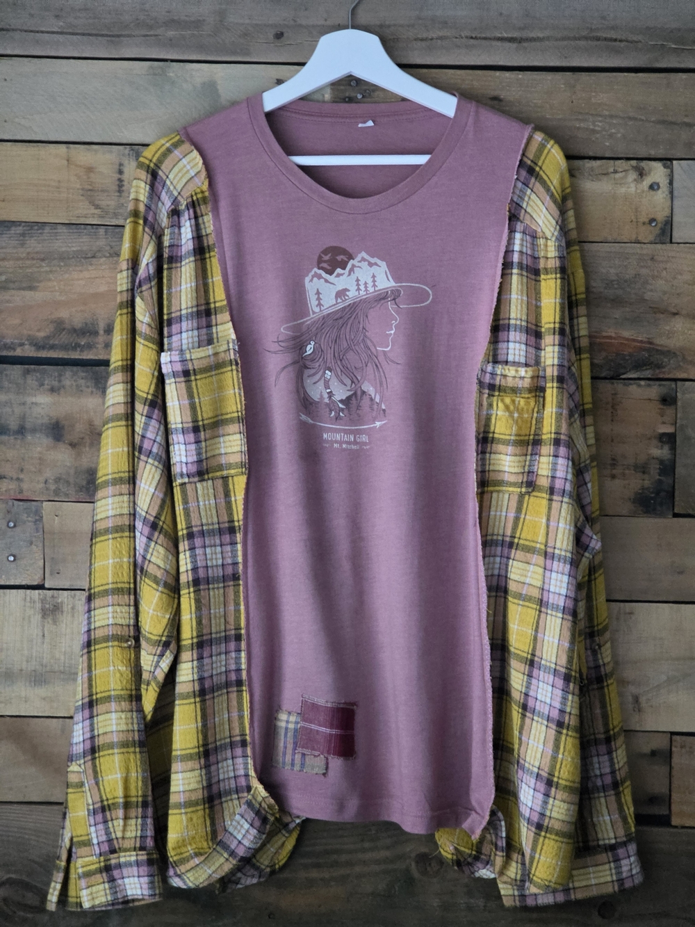 Upcycled Mountain Girl Graphic T-shirt With Long Plaid Long Sleeve